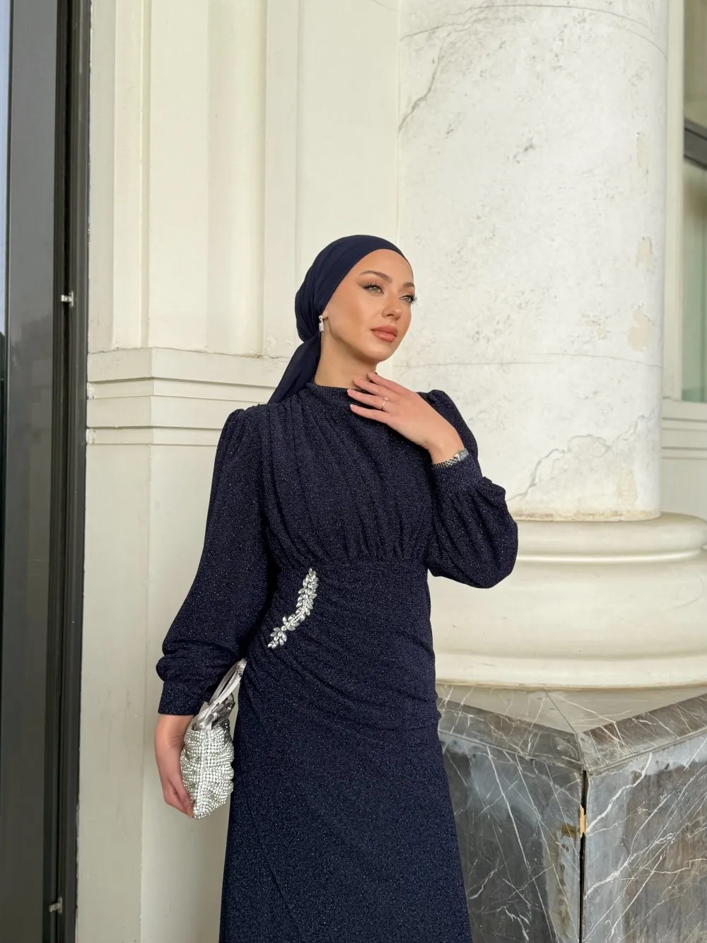 Kuşaklı Gofre Elbise  Siyah